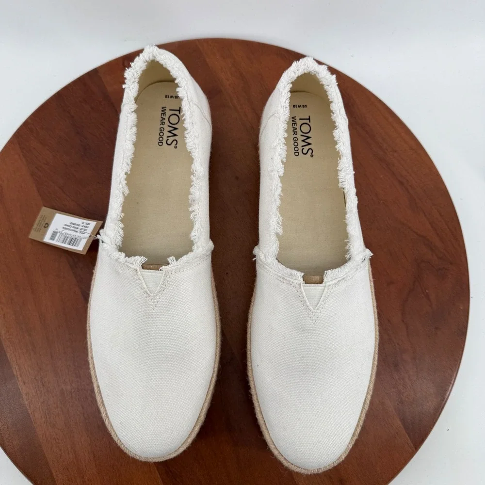 TOMS Valencia Platform Espadrille White Canvas Frayed Slip On Women Size 12